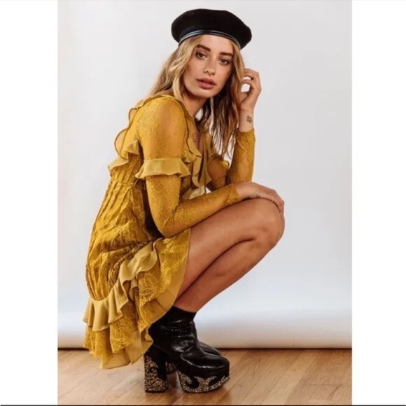 For Love & Lemons Daphne Mini Lace Long Sleeve Ruffled Dress, Chartreuse M - Picture 3 of 10